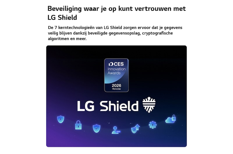 LG Shield, toegepast op LG QNED AI QNED70 Mini LED, wordt weergegeven met een LG Shield-logo in het midden, beveiligingspictogrammen onderaan en bovenaan een CES Innovation Awards 2026-badge met eervolle vermelding, die staat voor gegevens- en systeembescherming.